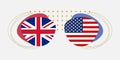 UK and USA flags. American and British national symbols with abstract background and geometric shapes.
